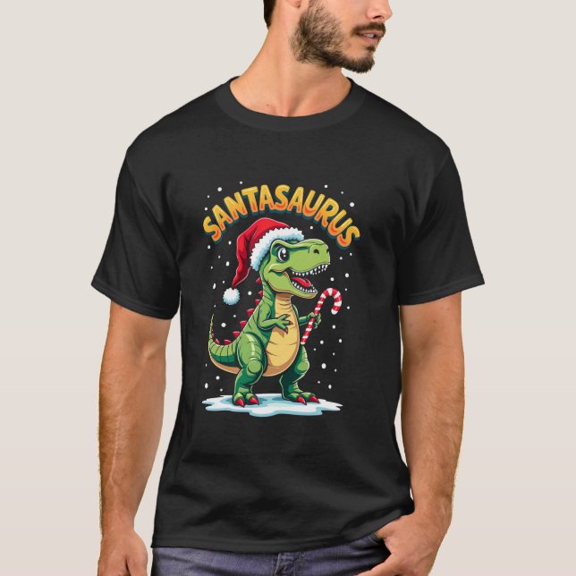 Camiseta Santasaurus Rex Funny Dinosaur xmas Santa Hat Cand (Frente)