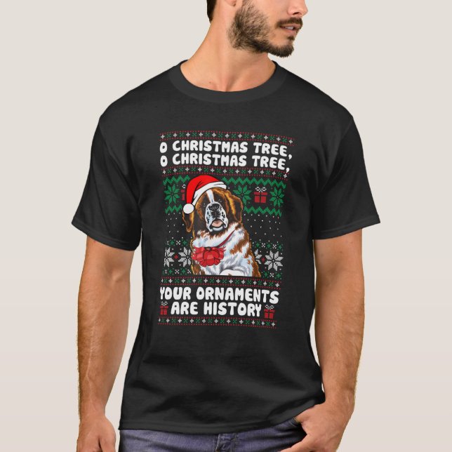 Camiseta Santo Bernard Dog Natal Engraçados Ornamentos Paja (Frente)