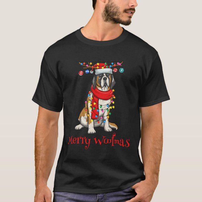 Camiseta Santo de Natal Bernard Dog Holidy Lights Feliz W (Frente)