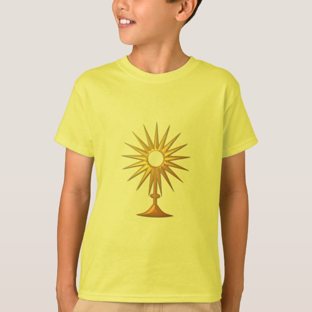 Camiseta Santo Eucarista em Monstração ouro (Frente)