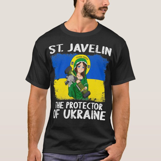 Camiseta Santo Javelin Anime Protetor da Bandeira da Ucrâni (Frente)