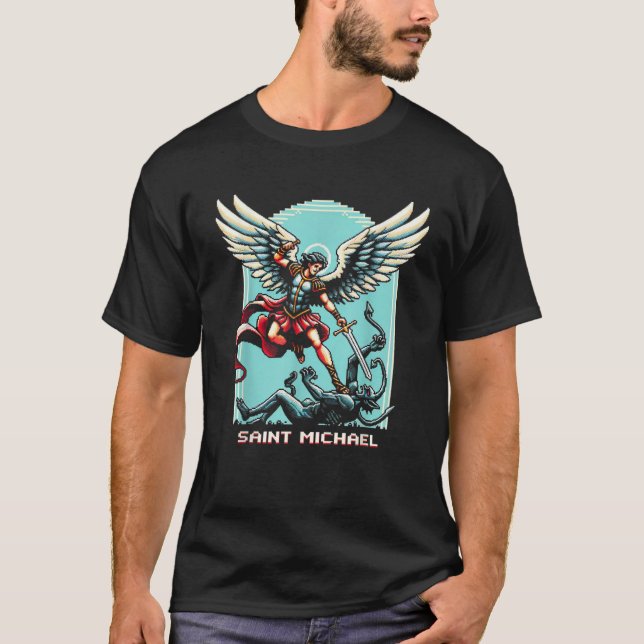 Camiseta Santo Michael O Jogo De Vídeo Católico Arcanjo (Frente)
