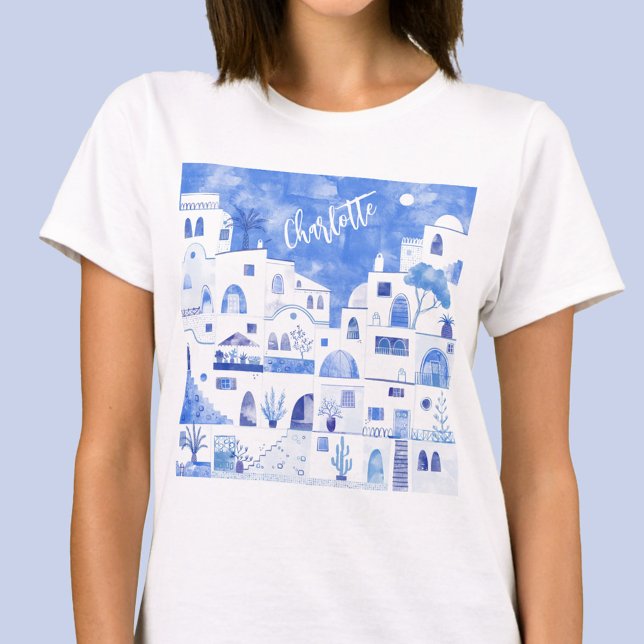 Camiseta Santorini Watercolor Personalizado (Personalized name Santorini Oia Greek Island blue and white art t-shirt)