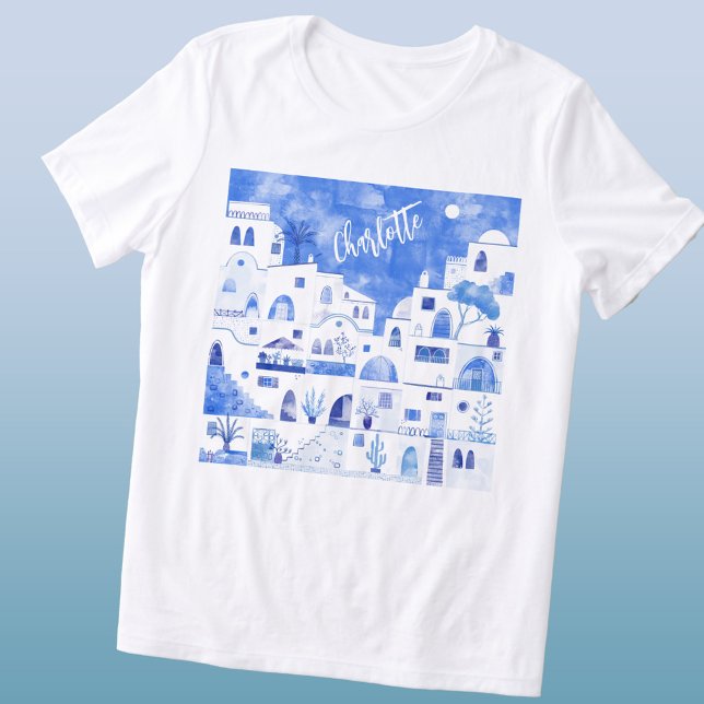 Camiseta Santorini Watercolor Personalizado (Santorini Oia Greek island blue and white watercolor art personalized name triblend t-shirt)