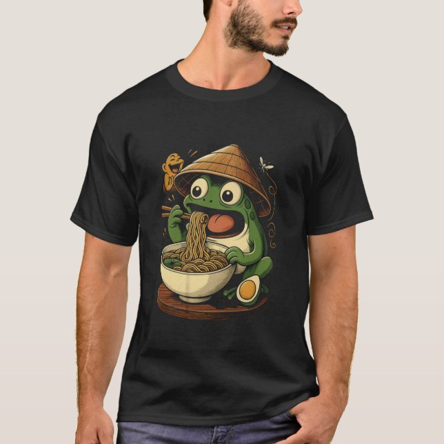 Camiseta Sapo Adorável Comendo Ramen com Chapéu Cônico (Frente)