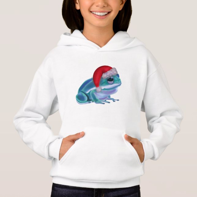 Camiseta Sapo azul com chapéu de Papai Noel. (Frente)