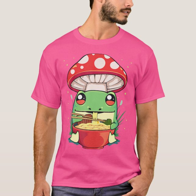 Camiseta Sapo Comendo Ramen Noodels Com Mushroom Kawaii Par (Frente)