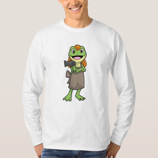 Camiseta Sapo como cabeleireiro com secador de cabelo (Frente)