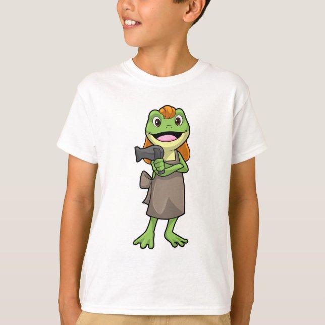 Camiseta Sapo como cabeleireiro com secador de cabelo (Frente)