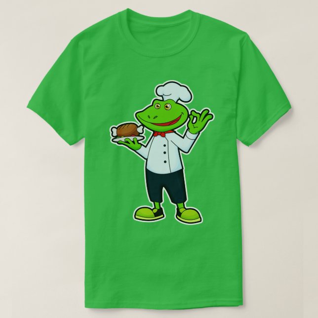 Camiseta Sapo como cozinheiro com frango de placa de serviç (Frente do Design)