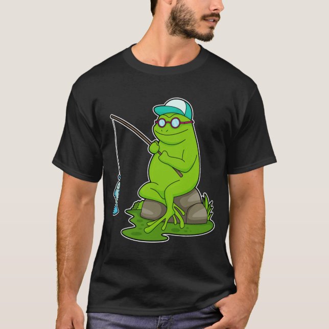 Camiseta Sapo como pescador com cana de pesca e peixe (Frente)