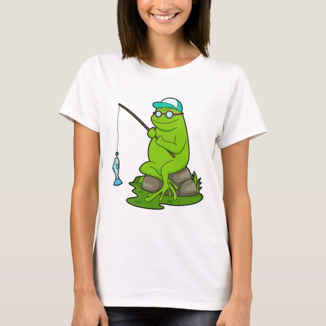 Camiseta Sapo como pescador com cana de pesca e peixe (Frente)