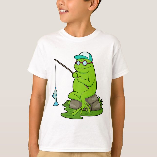 Camiseta Sapo como pescador com cana de pesca e peixe (Frente)