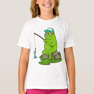 Camiseta Sapo como pescador com cana de pesca e peixe