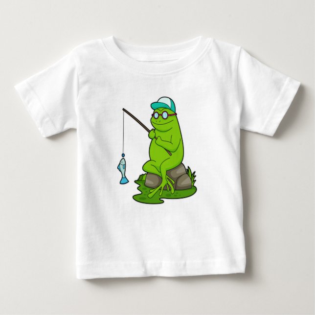 Camiseta Sapo como pescador com cana de pesca e peixe (Frente)