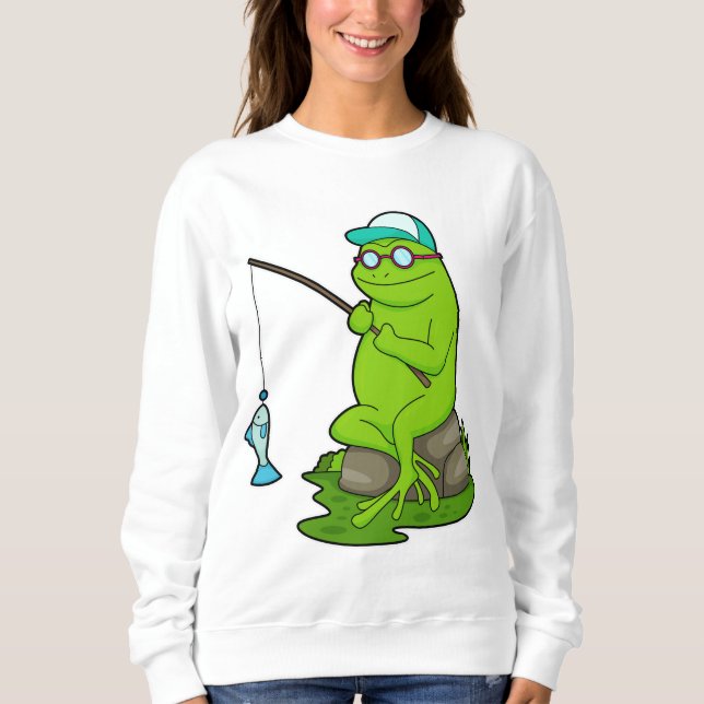 Camiseta Sapo como pescador com cana de pesca e peixe (Frente)