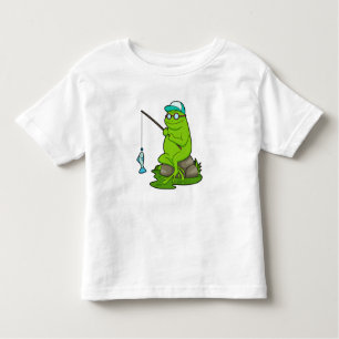 Camiseta Sapo como pescador com cana de pesca e peixe