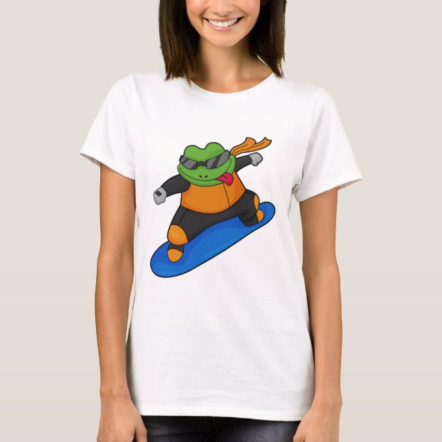 Camiseta Sapo como Snowobarder com Snowboard (Frente)