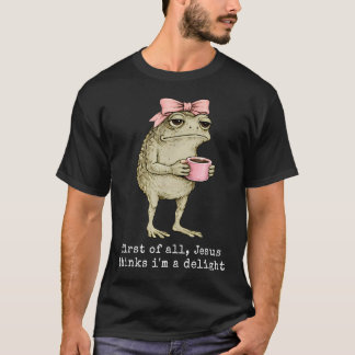 Camiseta Sapo Cristão Engraçado Primeiro De Tudo Jesus Acha