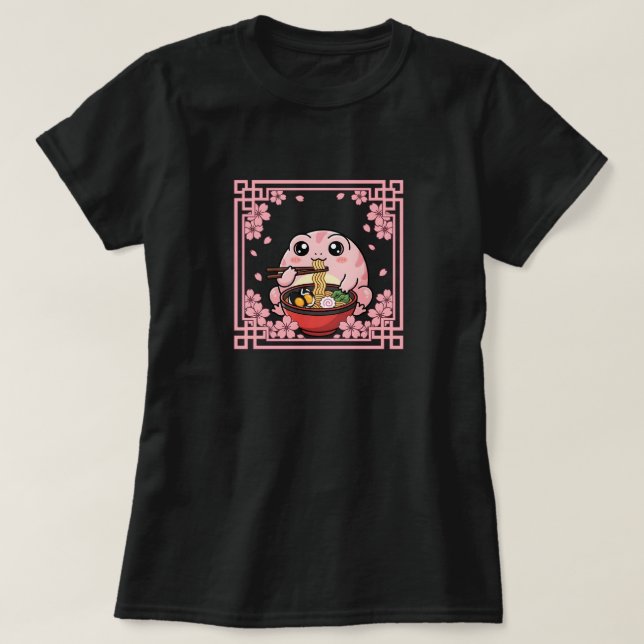 Camiseta Sapo da chuva Kawaii comendo macarrão Ramen Japonê (Frente do Design)