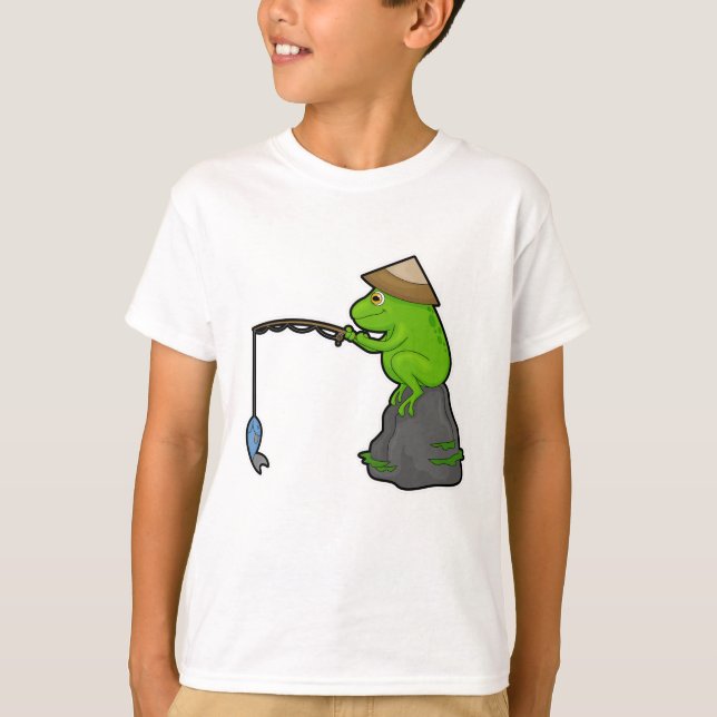 Camiseta Sapo da pedra na pesca com cana de pesca e peixe (Frente)