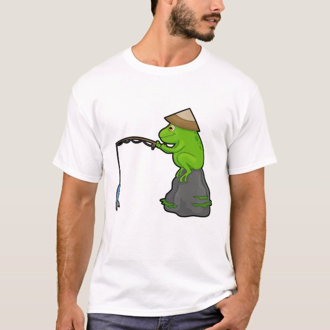 Camiseta Sapo da pedra na pesca com cana de pesca e peixe (Frente)
