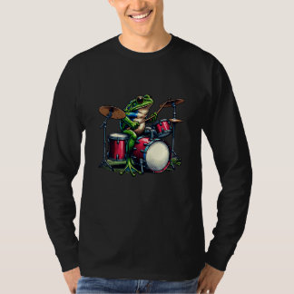 Camiseta Sapo de Cartoon Engraçado Tocando Tambores