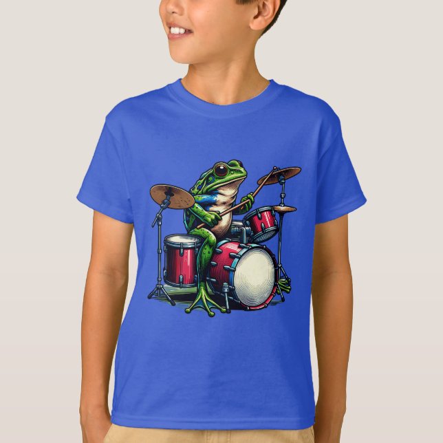 Camiseta Sapo de Cartoon Engraçado Tocando Tambores (Frente)