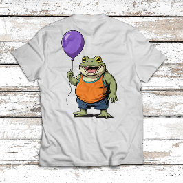 Camiseta Sapo de desenho animado fofo segurando balão roxo