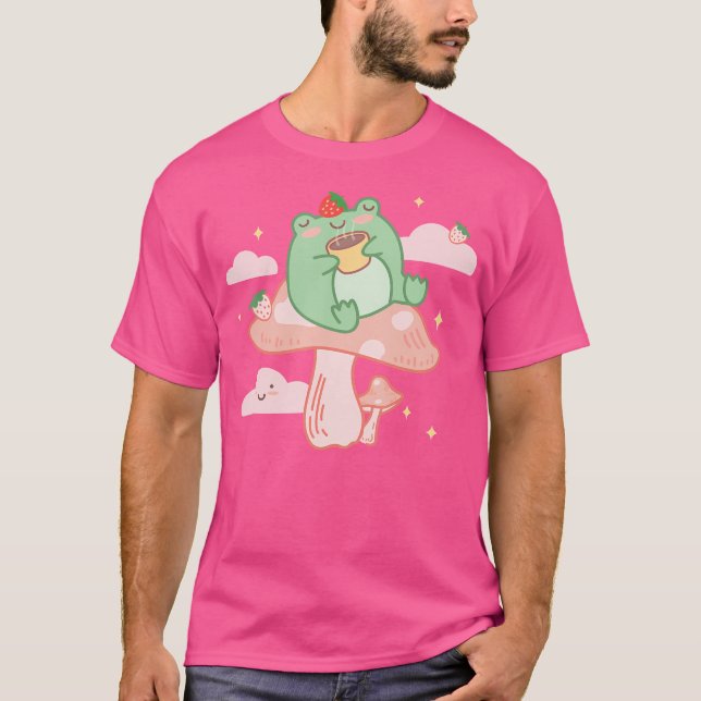Camiseta Sapo De Morango De Kawaii No Algodão De Anime Rosa (Frente)