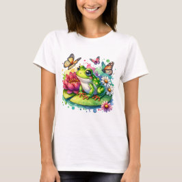 Camiseta Sapo giro no calço lírio com flores e borboletas