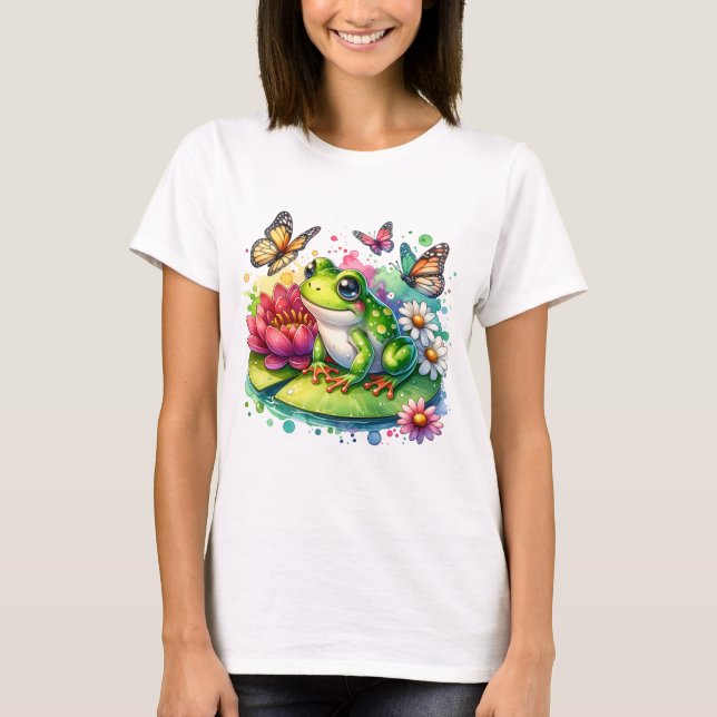 Camiseta Sapo giro no calço lírio com flores e borboletas (Frente)