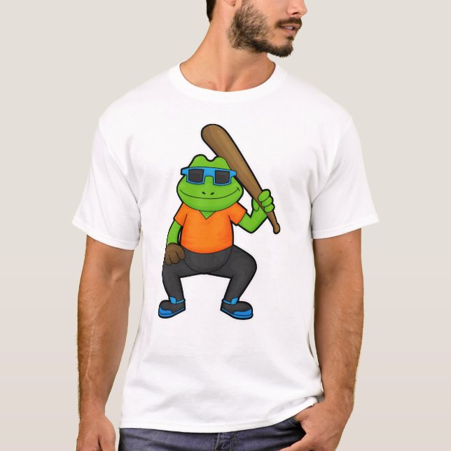 Camiseta Sapo no Baseball com taco de beisebol e óculos de  (Frente)