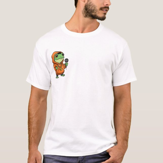 Camiseta Sapo Raper Legal com Capuz Laranja e Microfone (Frente)