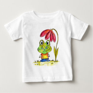Camiseta Sapo verde branco sob uma flor vermelha