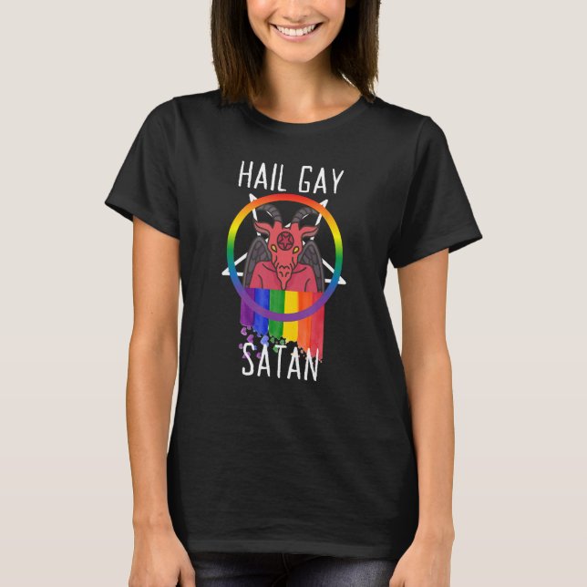Camiseta Satã de saudação Gótico LGBT Orgulho gay Baphomet  (Frente)