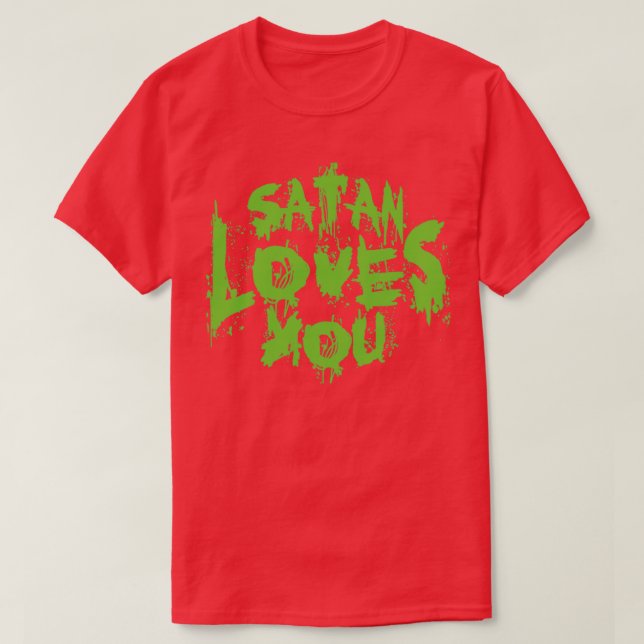 Camiseta Satã Te Ama Sarcástico Citando Texto Verde Neon (Frente do Design)
