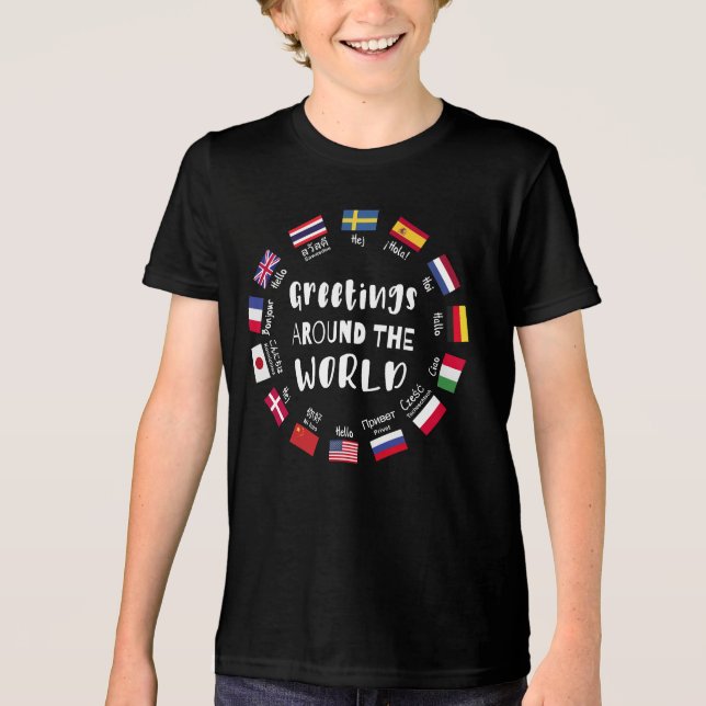 Camiseta Saudações ao redor do mundo, Olá em todas as língu (Frente)