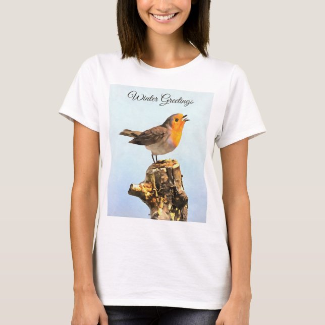 Camiseta Saudações de Inverno. Robin cantando  (Frente)