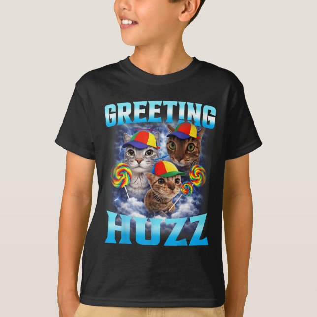 Camiseta Saudações de Meme de Gato Huzz Divertido (Frente)