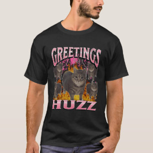 Camiseta Saudações Huzz Meme de Gato Divertido Gráfico Pira