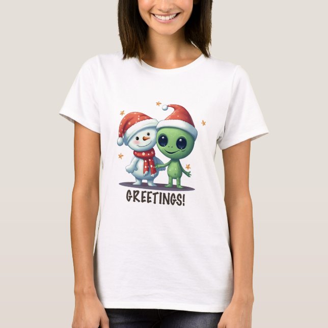 Camiseta Saudações Snowman E Alienígena (Frente)