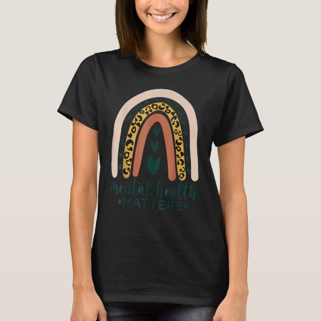 Camiseta Saúde Mental Importa Leopardo Imprimir Boho Arco-Í (Frente)