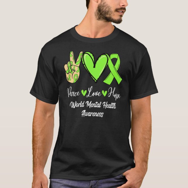 Camiseta Saúde Mental Mundial WMH Paz Amor Verde limão Espe (Frente)