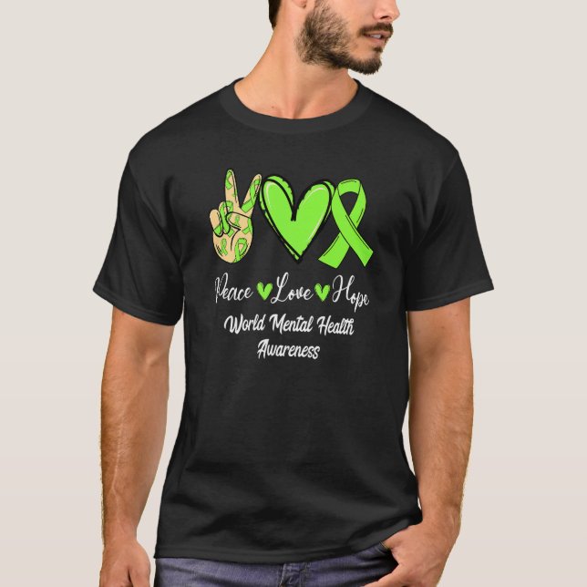 Camiseta Saúde Mental Mundial WMH Paz Amor Verde limão Espe (Frente)