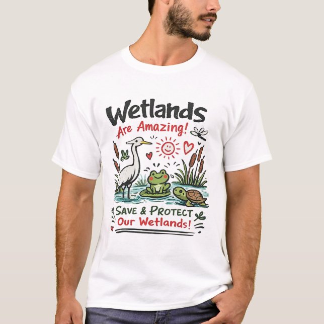 Camiseta Save Our Wetlands Cute Wildlife Doodle Art (Frente)