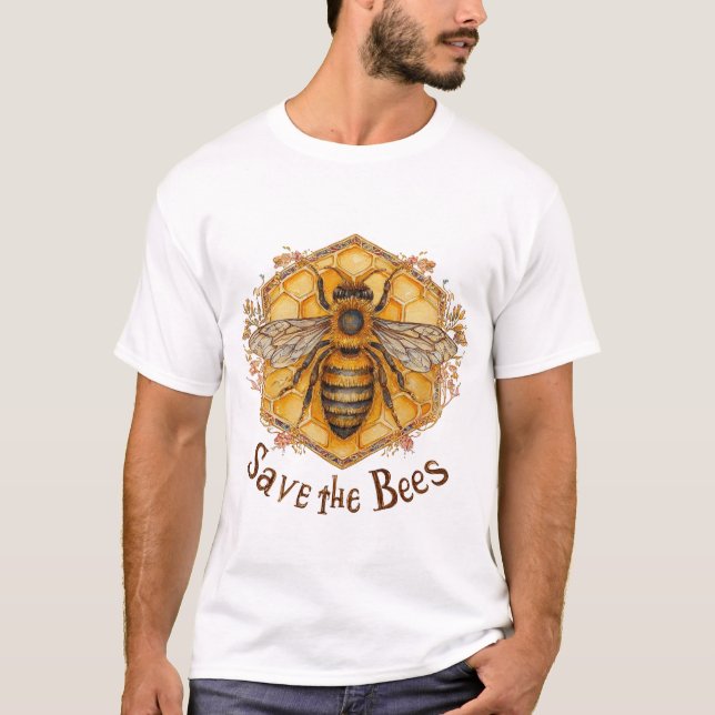 Camiseta Save the Bees — Watercolor Honeycomb & Floral (Frente)