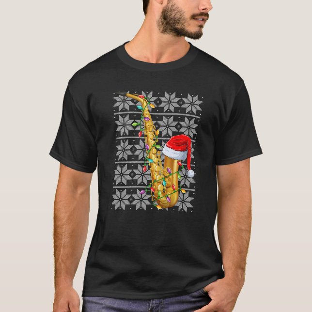 Camiseta Saxofone Christmas Lights Santa Hat Saxofone Ugl (Frente)