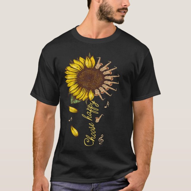 Camiseta Saxofone Escolhe Feliz Clássico de Girassol F (Frente)