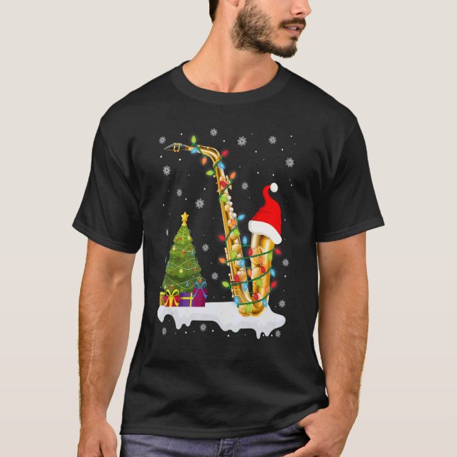 Camiseta Saxofone Music Lover Xmas Luzes Papais noeis Saxof (Frente)